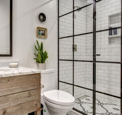 Shower with modern glass print on surface