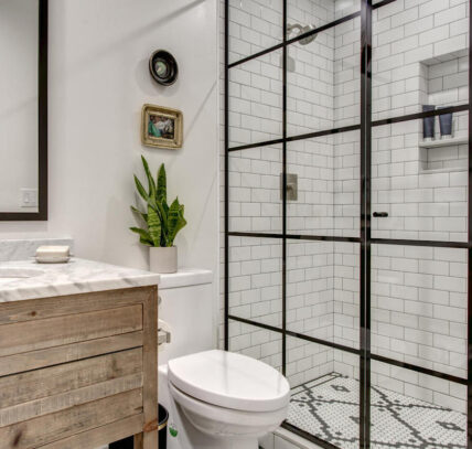 Shower with modern glass print on surface