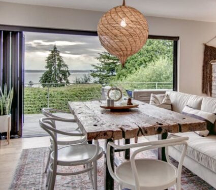 Seattle rustic Dining Room Remodel with big view