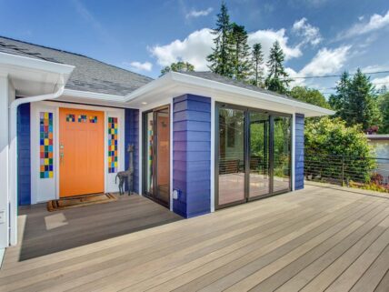 blue colorful house with big deck