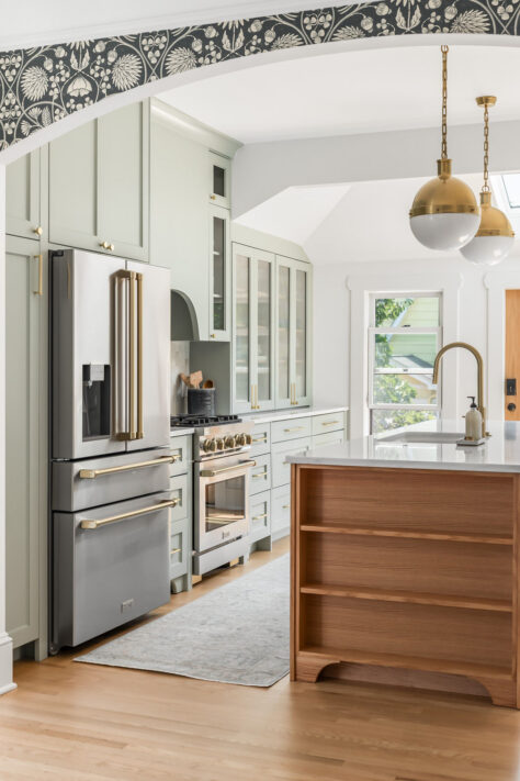 Kitchen with island and fridge