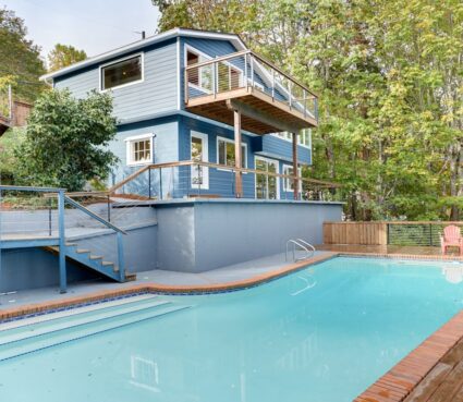 pool with deck house in background